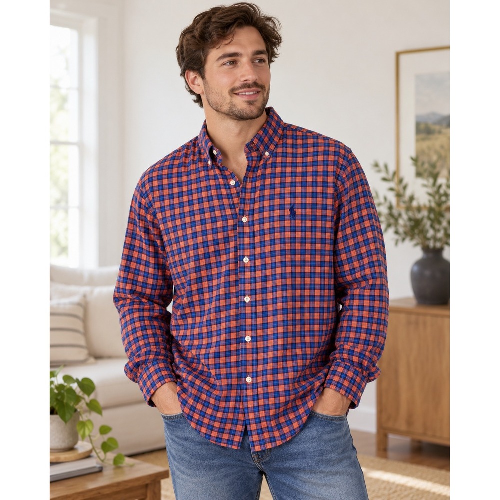 Ralph Lauren Mens XL Plaid Button Down Shirt Orange Blue Cotton Long Sleeve Pony